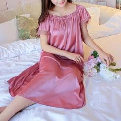 Womens Summer Lace Ice Silk Nightdress Short Sleeve Loose Plus Size Nightgown Sleepwear