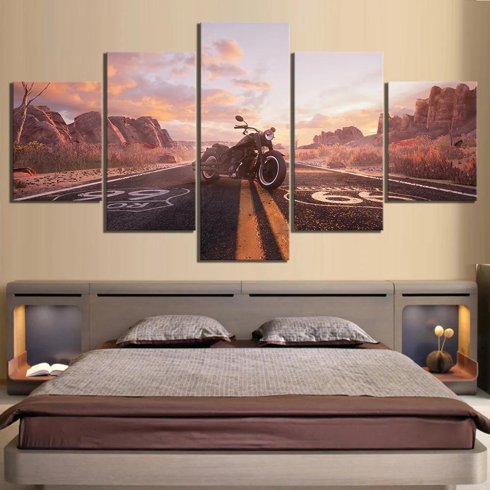 Wall Art Canvas Paintings 5 Piece HD Picture Road Numbers Route 66 Motorcycle Vehicle Poster Wall Sticker Landscape Home Decor