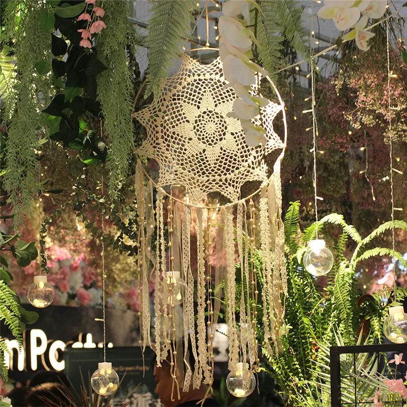 Big Beige Dreamcatchers, Mesh Lace Fringed, Dreamy Fairy, Sun Flower, Home Ornaments, Wind Chimes, 40cm, 1Pc