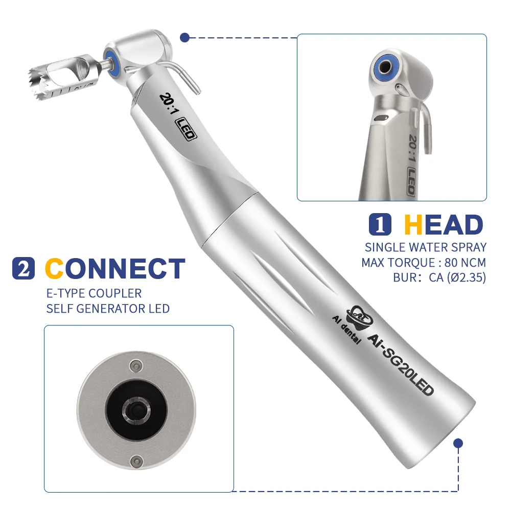 

AI-SG20LED Dental Implant Handpiece 20:1 Reduction Low Speed Contra Angle Self-generator LED External Water