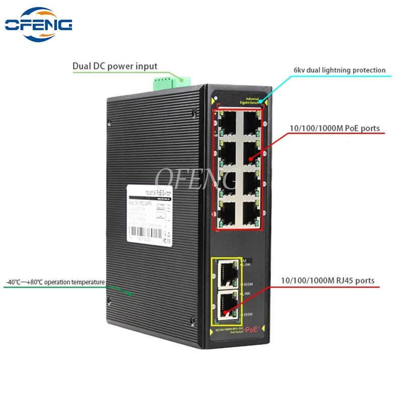 	 Industrial POE Ethernet Smart Switch, 10 Port, 8 * POE + 2 * RJ45 Port, 802. 3AF/AT, IP40 Lightning Protection, DIN Rail DIY