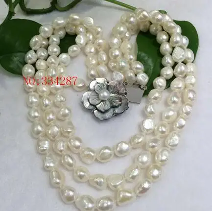 New Elegant lady\'s big 3row 9-10mm baroque white freshwater pearl necklace 18-19-20\