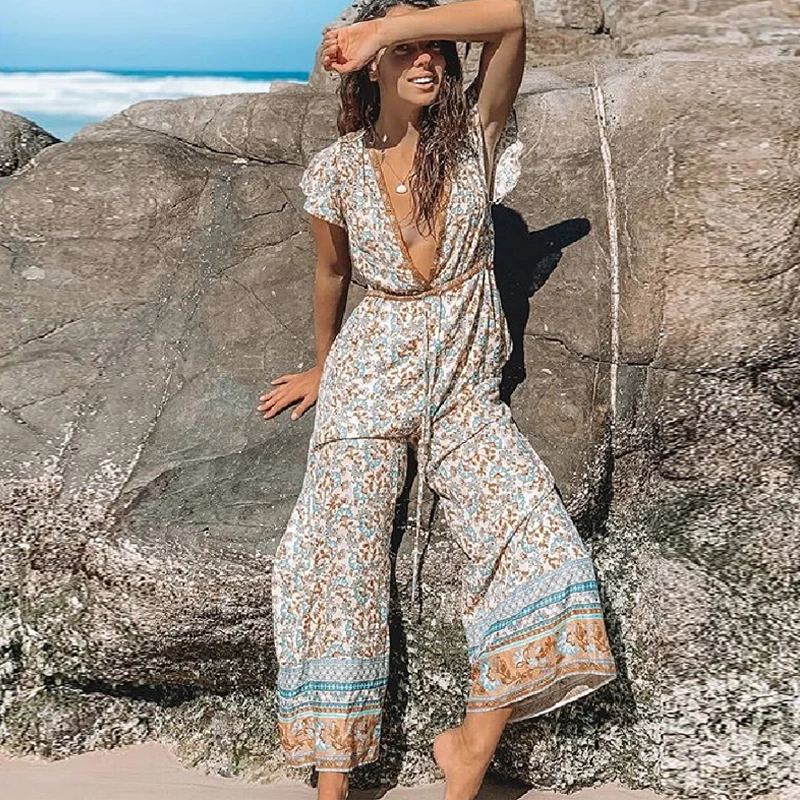 

TEELYNN Women jumpsuit Ruffle sleeve V-Neck boho Wide leg Summer jumpsuit Floral Print romper beach playsuit gypsy jumpsuits