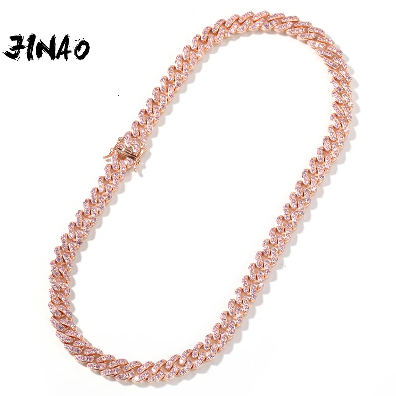 

JINAO 9mm Iced Out Women Choker Necklace Rose Gold Metal Cuban Link Full With Pink AAA+ Cubic Zirconia Stones Chain Jewelry