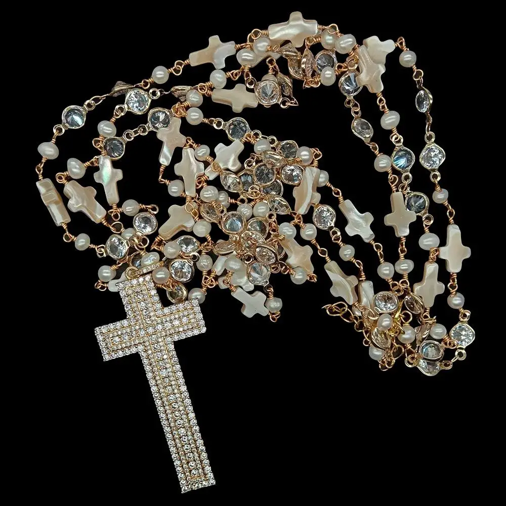 

Y·YING Cultured White Pearl Carved Shell Crucifix Cz Rosary Chain Necklace Cubic Zirconia Pave Crucifix Pendant 23"