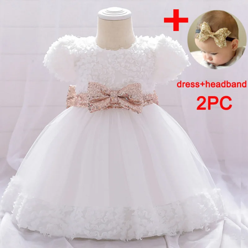 PLBBFZ Send Headban Pink Sequin Baby Girl Dress First Birthday Dress For Kids Christening Big Bow Party Wedding Princess Dresse