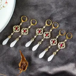 Natural Hetian White Magnolia Flower Hollow Diamond Earrings Chinese Retro Luxury Aristocratic Charm Women's Silver Jewelry
