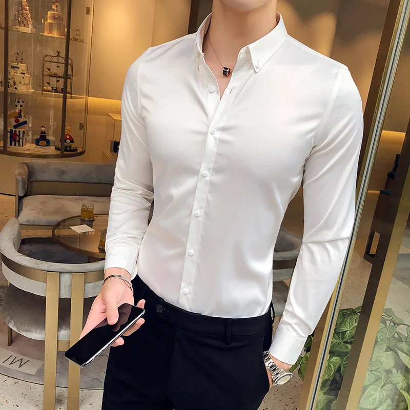 Neckline Embroidery Mens Shirts Long Sleeve Casual Slim Fit Men Dress Shirts Solid Color Formal Business Social Clothing Blouse