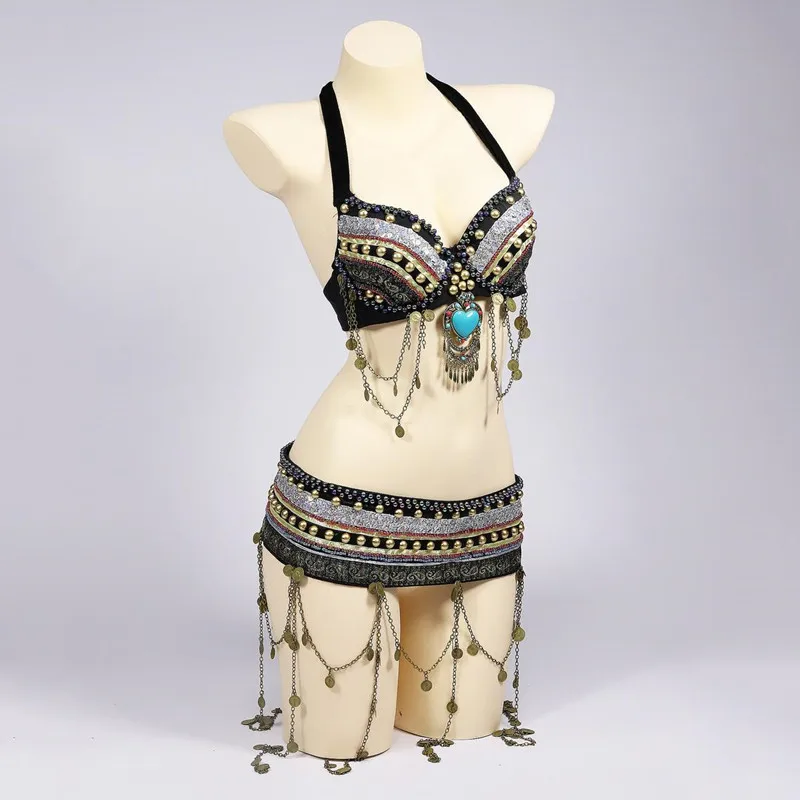 Size S-XL Beaded Outfit Women Tribal Belly Dance Costume 2 Pieces Set Zari Bra with Large Pendant Coins Bra Belt for Bellydance