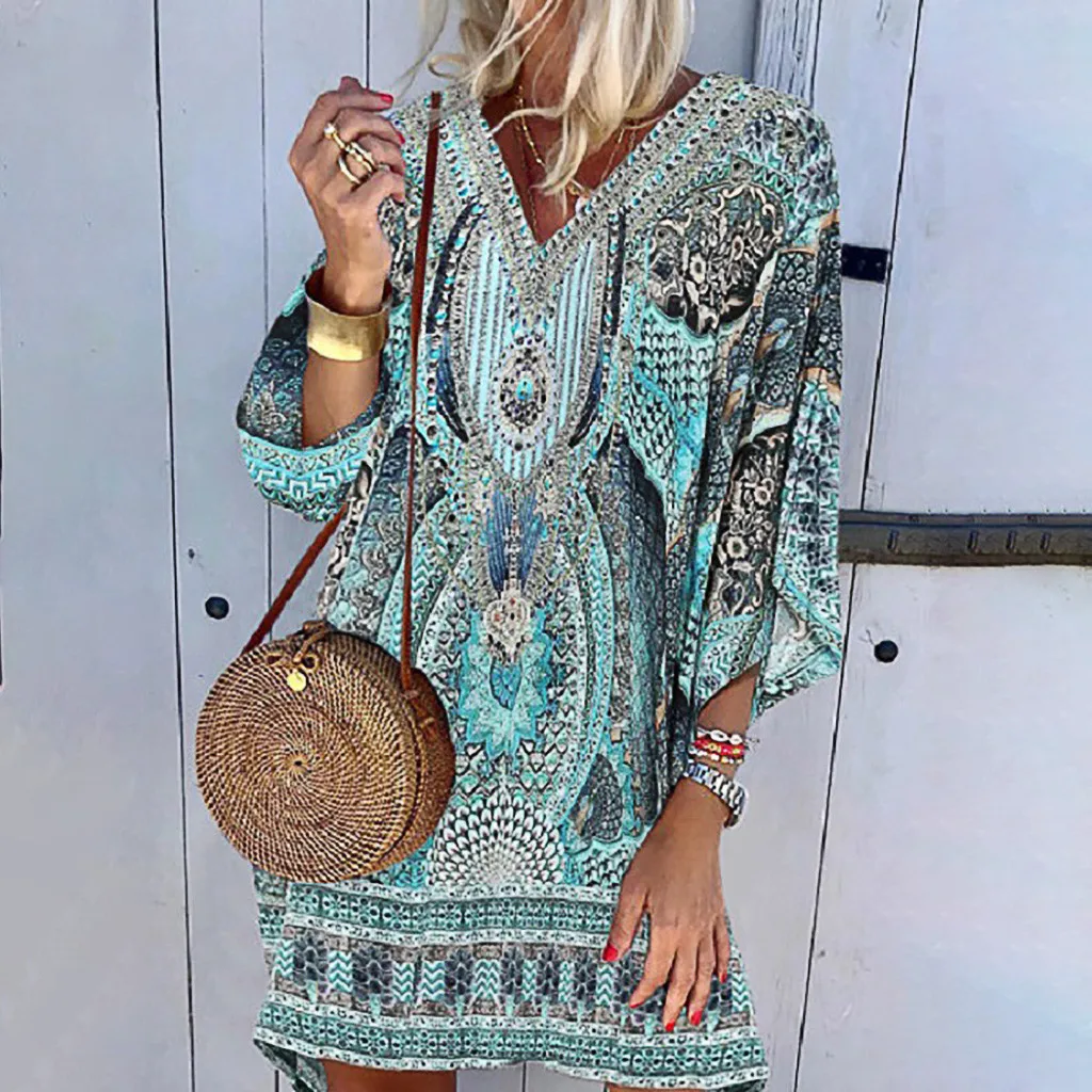 Vestido de verão feminino boho para praia, vestidos vintage, estampa com decote em v, vestido de mangas compridas, roupão feminino de verão