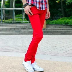 Wholesale 2021 Korean Fashion Casual Show Thin Skinny Jeans Men Red Clothes For Teenagers Pencil Trousers Men's Classic Pants