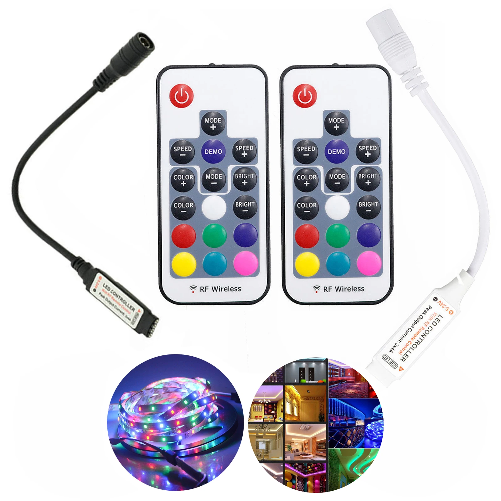 Mini Led RGB Remote Controller DC 5V-24V 17 keys RF Wireless Dimmer For LED Strip Lights 4 Pin Connection Black White