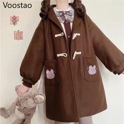 Autumn Winter Japanese Lolita Thicken Woolen Coats Women Preppy Chic Bear Embroidery Loose Hooded Jackets Girly Sweet Outerwear