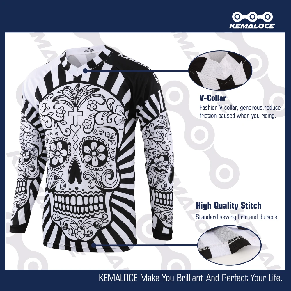 KEMALOCE Long Sleeve Men Mtb Jersey Quick Dry Sport Motocross Jersey White Skull BMX Bicycle Top Mountain Bike Shirt Uniform