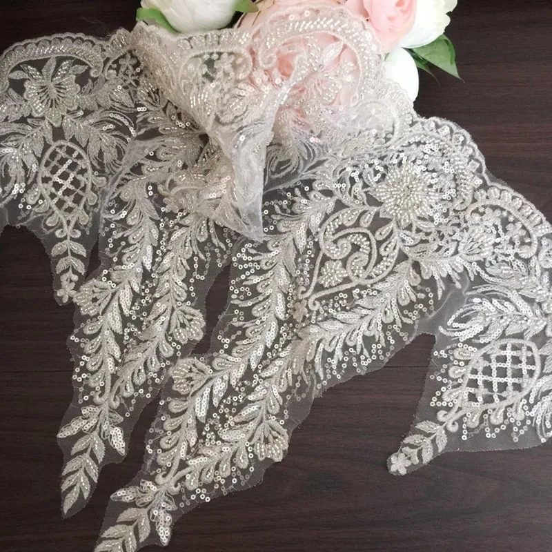 Silver Beaded Lace Trim, Wedding Dress Accessories, DIY Decorative Fabrics, High-end, Silver, New, RS2910