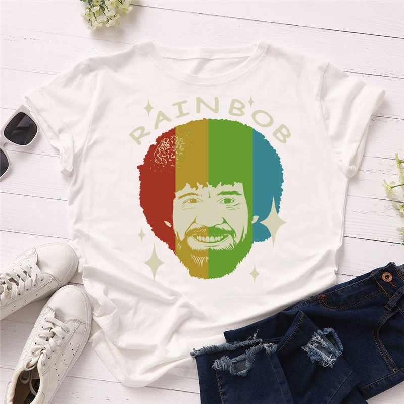 2024 Bob Ross T Shirt Watercolor Painting Graphic Print T-Shirt Women Clothes Female Clothes 90s Tee Tops Summer Tops Streetwear