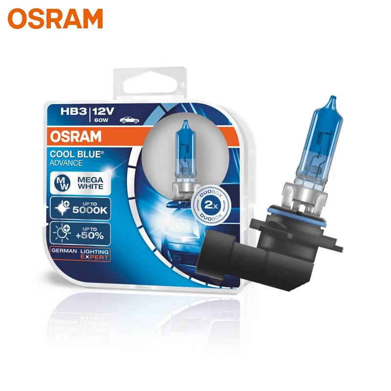 OSRAM 9005 HB3 CBA Halogen Cool Blue Advance 12V 60W Car Original Headlight 5000K White Light +50% Brighter Genuine Bulbs, Pair