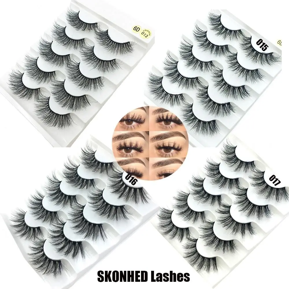 SKONHED-Handmade Wispy Queda Cílios Fofos, 6D Faux Mink Cabelo, Eye Lash Extensão, Cruzado, Fofo, 5 Pares