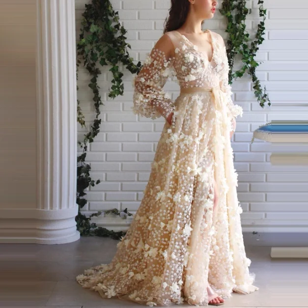 Exquisite Design Prom Dresses Handmade 3D Flowers Sheer Lace Appliques Front Split V-Neck Long Sleeves Party Dresses