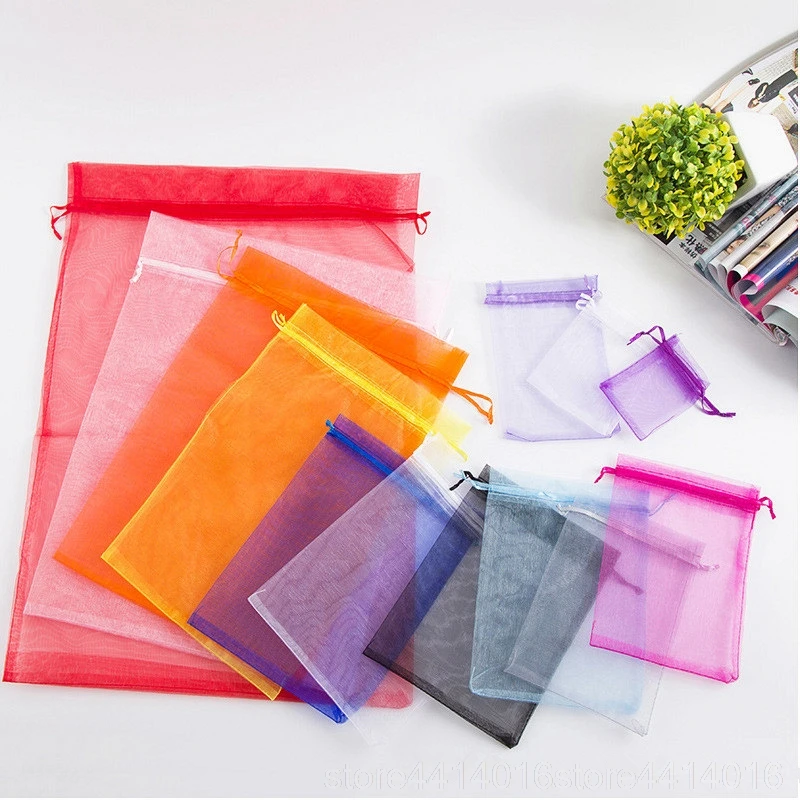 100 pieces 7x9 11x16 13x18 17x23 30x40cm organza gauze bag can be pulled out birthday wedding gift decoration bag 22