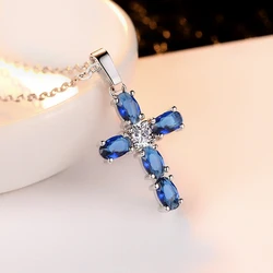 CAOSHI Gorgeous Blue Oval Cubic Zirconia Cross Pendant Necklace for Women Valentine's Day Gift for Girlfriend Charming Jewelry