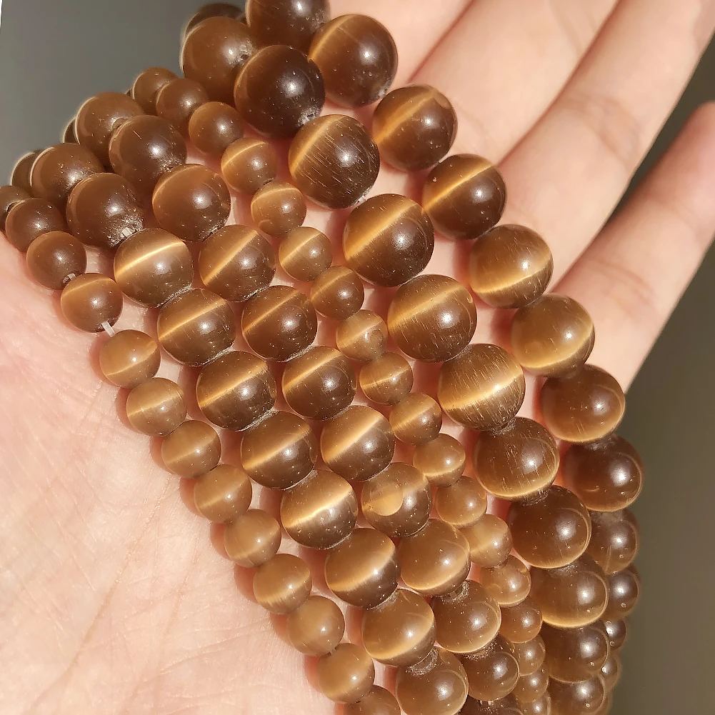 8mm Natural Round Brown Cat Eye Glass Beads Loose Spacer Stone Beads for Jewelry Making DIY Bracelets Necklace Accessories 15\'\'