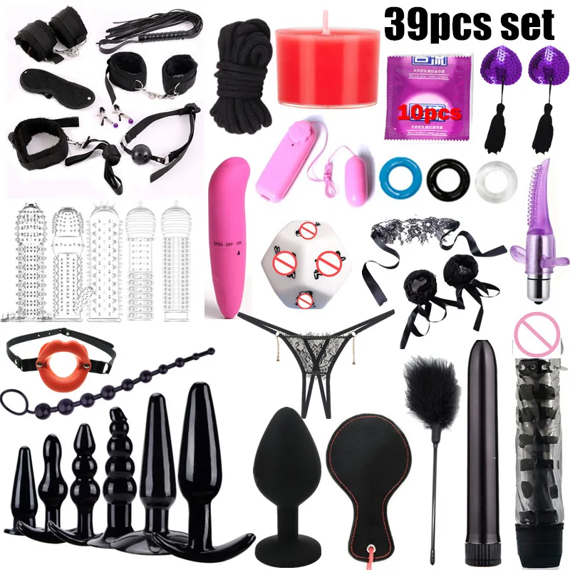 

Adults Sex Toys For Women Men Handcuffs Nipple Clamps Whip Spanking Sex Metal Anal Plug Vibrator Butt Bdsm Bondage Set 39pcs set