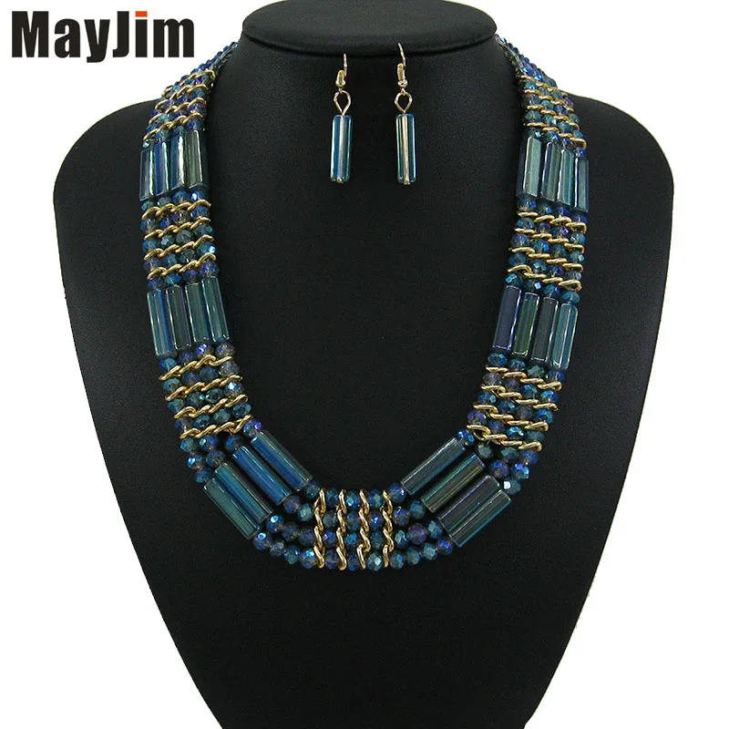 MayJim Statement Fashion Vintage Choker Multi Storey Chain Necklace African Nigerian Crystal Bead Handmade Jewelry Sets