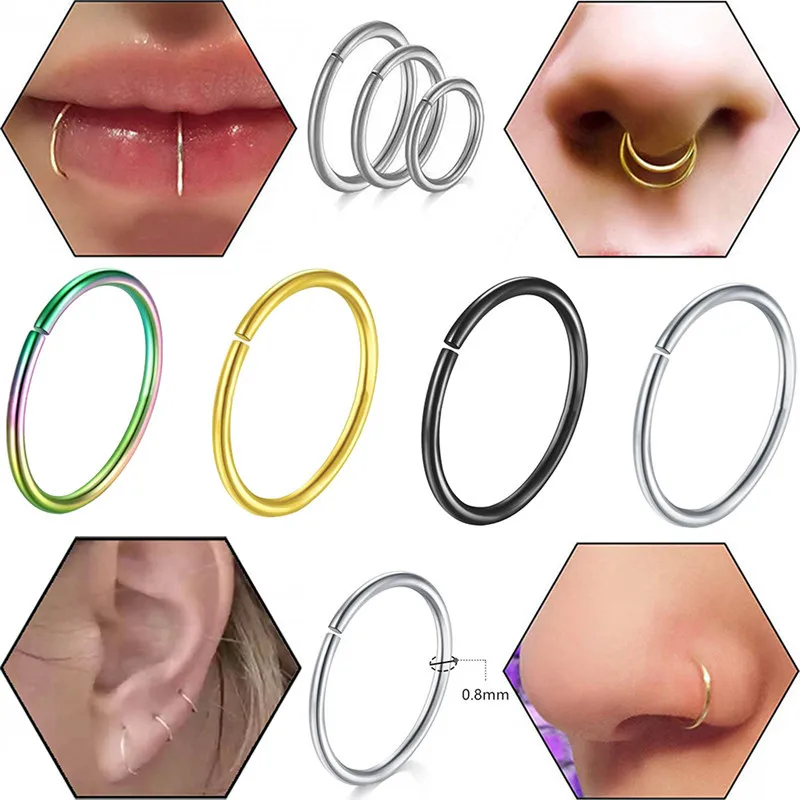 9pcs/set Stainless Steel Black Gold Silver Color Tiny Nostril Segment Nose Rings Hoop Piercings Clip On Helix Rings Body Jewelry