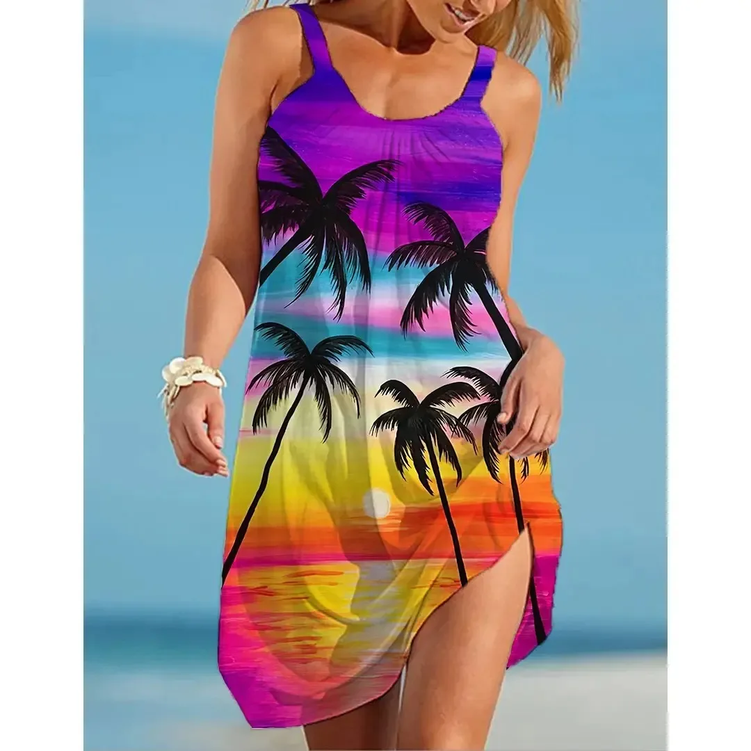 Nowa damska sukienka plażowa Boho Nature Scenery 3D Print Off Shoulder Sleeveless Sundress Summer Holiday Beachwear Woman Night Dresses