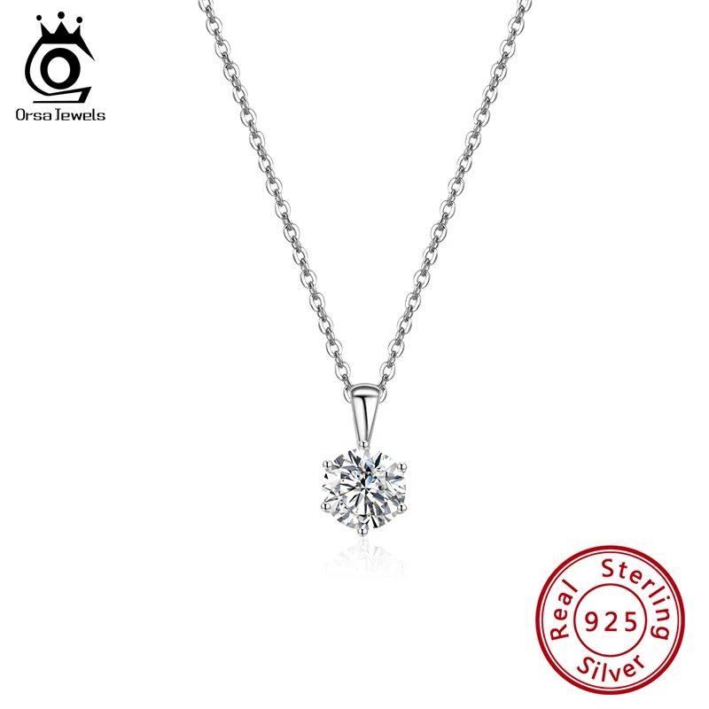 

ORSA JEWELS Sterling 925 Silver Necklaces Hexagon Design Classic 6 Prong Setting AAAA Zircon Trendy Pendant For Women SN278