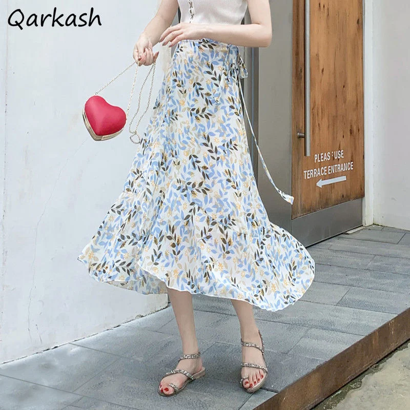 

A-line Skirts Women Floral Korean Style Summer Breathable Popular New All-match Lace-up Students Leisure Empire Elegant Soft