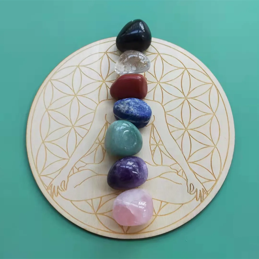 2 Sets Sacred Geometry Grid Meditation Natural Healing Reiki Chakra Crystal Mini Crystal Grid Set with Wood Board