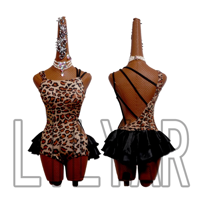 New Latin Competition  Performance Adult Leopard Print Black Short Dance Dress