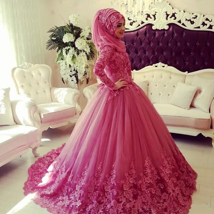 Vestidos de novia musulmanes de manga larga, cuello alto, de encaje, estilo islámico Vintage Dubái, con Hijab, 2019