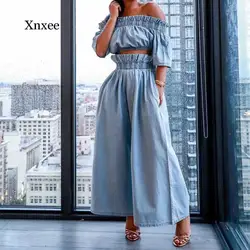 2021 Summer Solid Color Denim Women's Strapless Cropped Top Loose Wide-Leg Pants Suit Jeans Casual Sportswear Suit