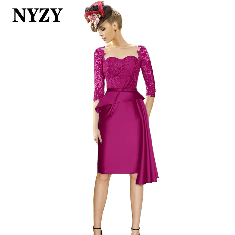 NYZY M360G Elegant Fuchsia Mother of the Bride Lace Dresses with Sleeves 2021 Short Party Dress Cocktail vestidos de fiesta