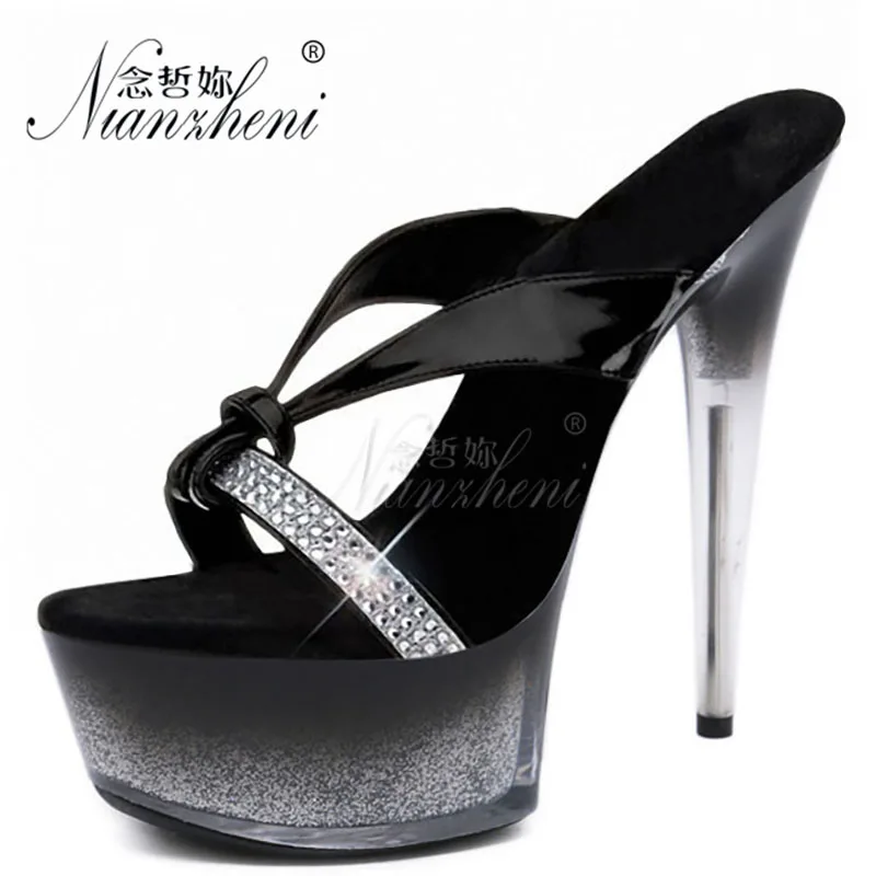 6 Inches Crystal Gradient Platform Hollow Rhinestone Women's Slippers Elegant 15CM Super High Stripper Heeled Pole Dance Shoes