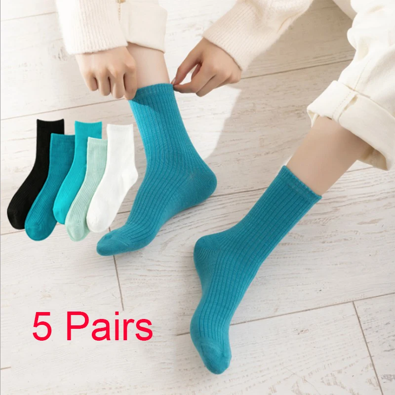 5 Pairs Classic Blue Series Socks Women Cotton Knitting Solid Colors 4 Seasons Basic Daily Women Middle Tube Socks