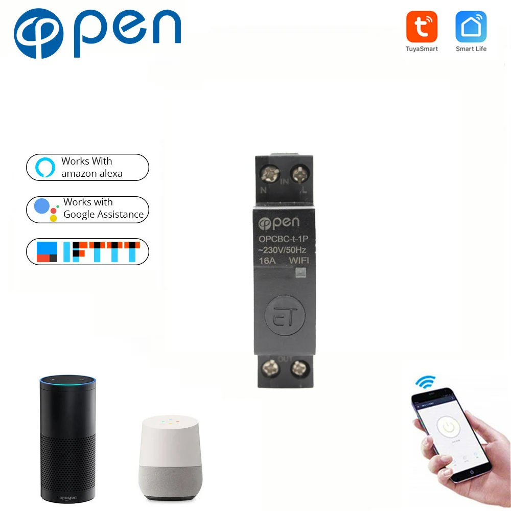 OPEN 1P 18mm Din Rail WIFI Circuit Breaker relay type Smart Switch Remote control by TUYA APP for Smart home