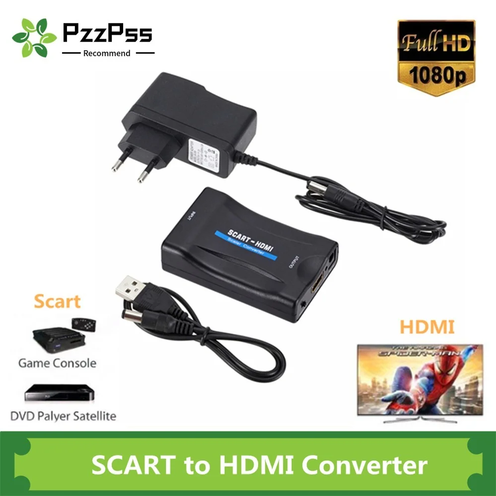 PzzPss 1080P SCART To HDMI Video Audio Upscale Converter Adapter for HD TV DVD for Sky Box STB Plug and Play DC Cable Hot Sale