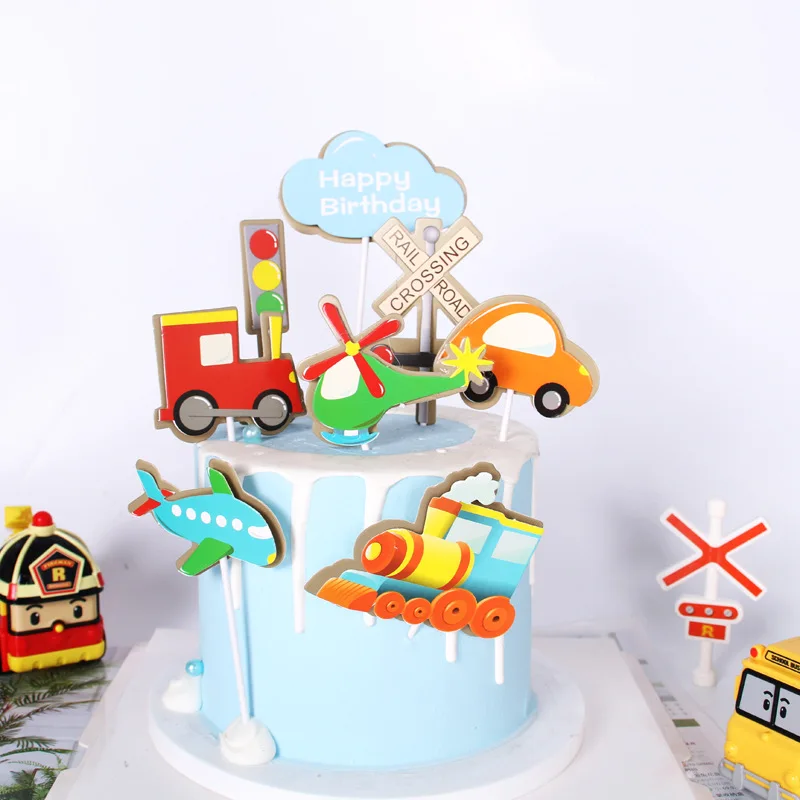 Happy Birthday Cake Topper Car Plane Traffic Light Wedding Decor Flag Kids Party DIY Baking Supplies Cupcake Toppers Baby Shower