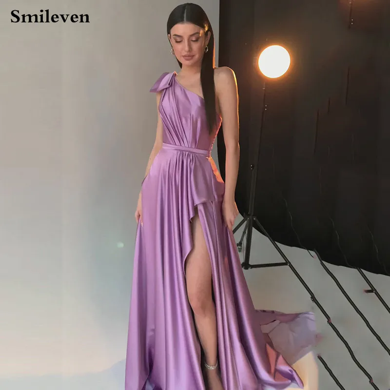 

Smileven Sexy Side Split Evening Dress A Line One Shoulder Prom Gowns Sleeveless Modern Formal Party Dress