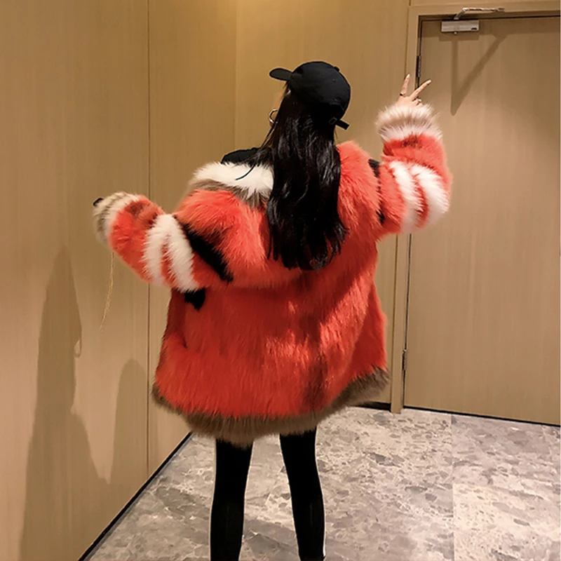 Ftangaiur Winter Genuine Leather Women Weave Import Fox Fur Coat Fox Fur Coat Contrast Color Women's Medium Real Fox Fur Coats