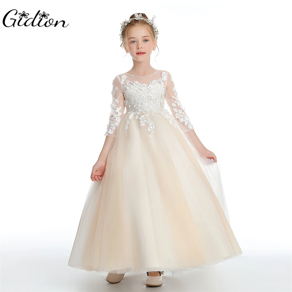 Appliques Kids Princess Flower Girl Dress For Wedding Festivity Celebration Birthday Party Ball Evening Gown Pageant Banquet