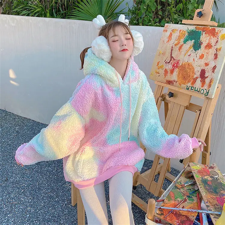 2021 New Winter Rainbow Kawaii oversize Harajuku felpe con cappuccio da donna felpa calda dolce top High Street abiti in stile coreano