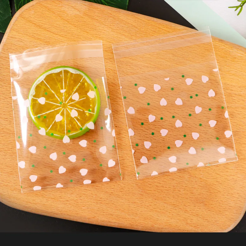 100PCS Heart Shaped Transparent Candy Bag Biscuit Snacks Plastic Bag Baking Decoration Packaging DIY Self-adhesive Bag