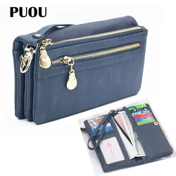 PUOU-Portefeuille en cuir PU souple avec fermeture éclair pour femme, sac d'argent, pochette longue section, enveloppe, mode 2020