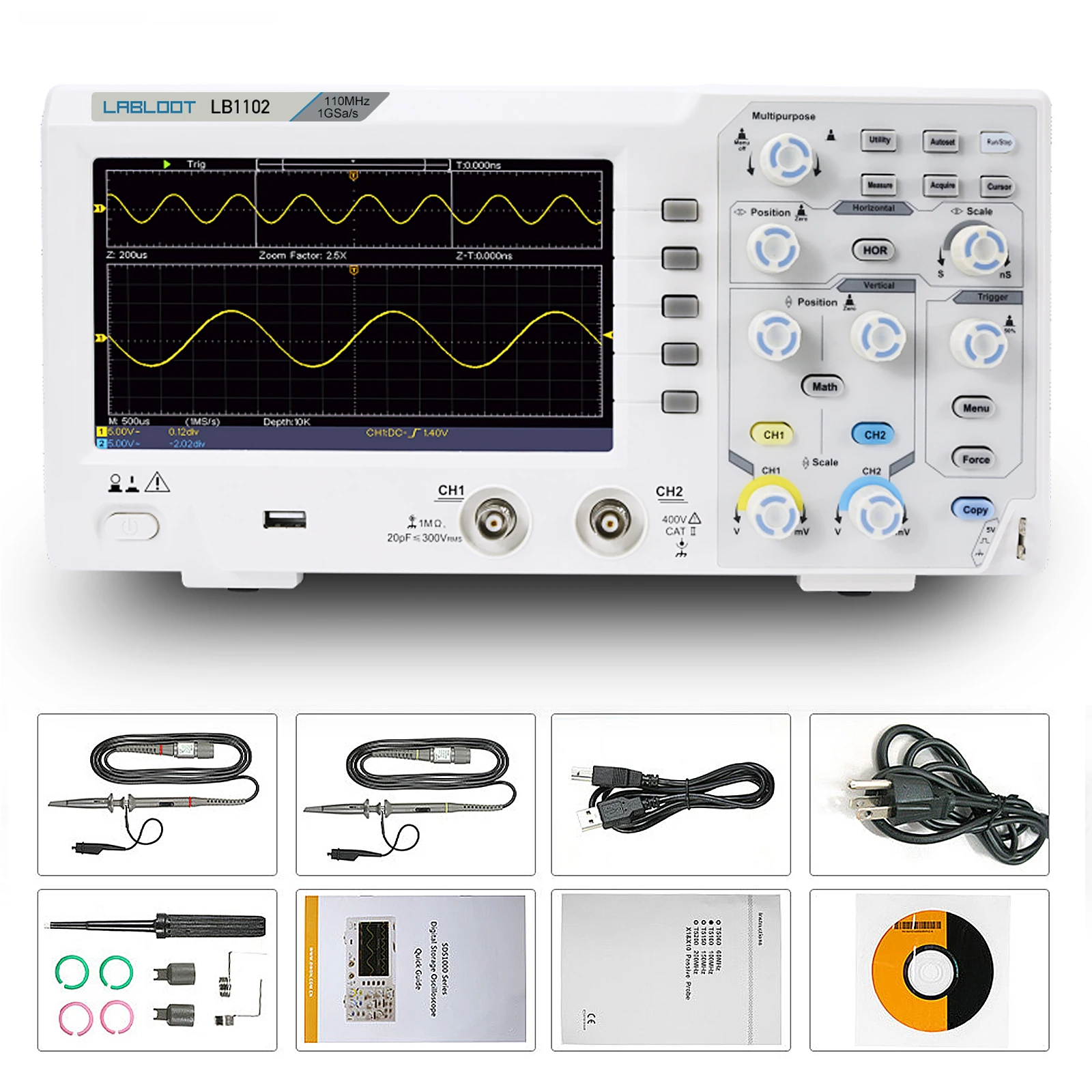 Labloot LB1102 Digital Oscilloscope 2-Channel Oscilloscopes 110MHZ Bandwidth 1GS/s High Accuracy Oscilloscope