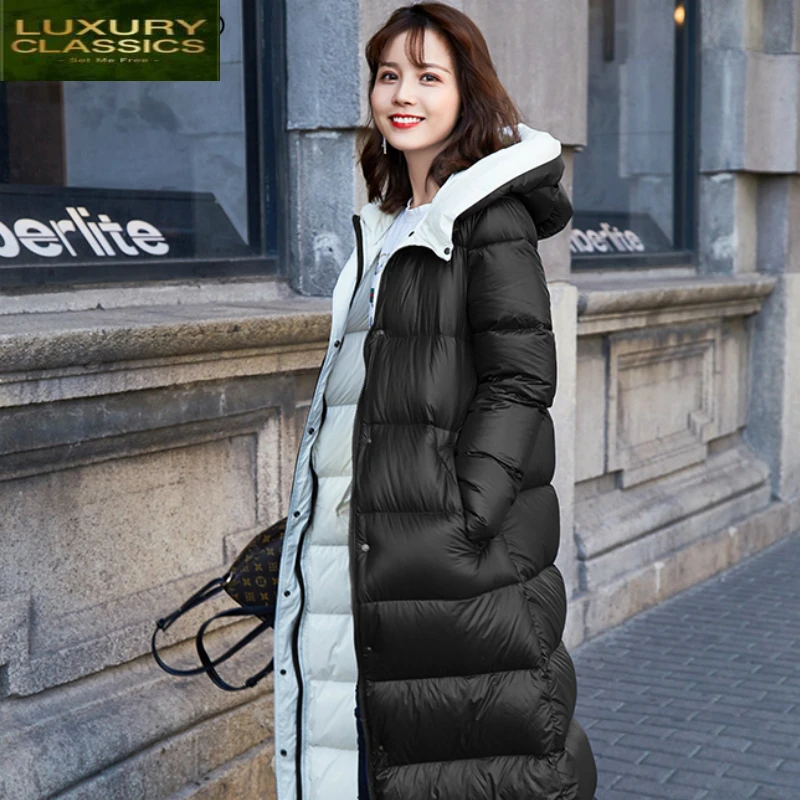 Female Winter Down Coat Ultra Light Down Jacket Women 90% White Duck Down Parka X-Long Thick Warm Hooded Outwear LWL1165